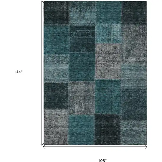 Teal Blue Aqua And Charcoal Patchwork Washable Indoor Outdoor Area Rug Photo 3