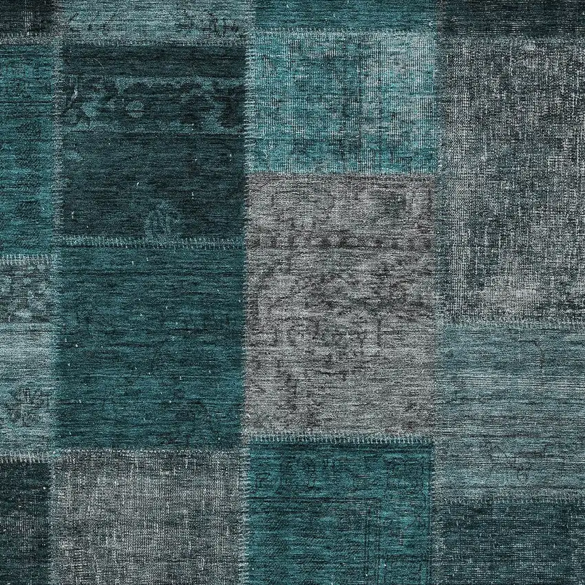 Teal Blue Aqua And Charcoal Patchwork Washable Indoor Outdoor Area Rug Photo 5