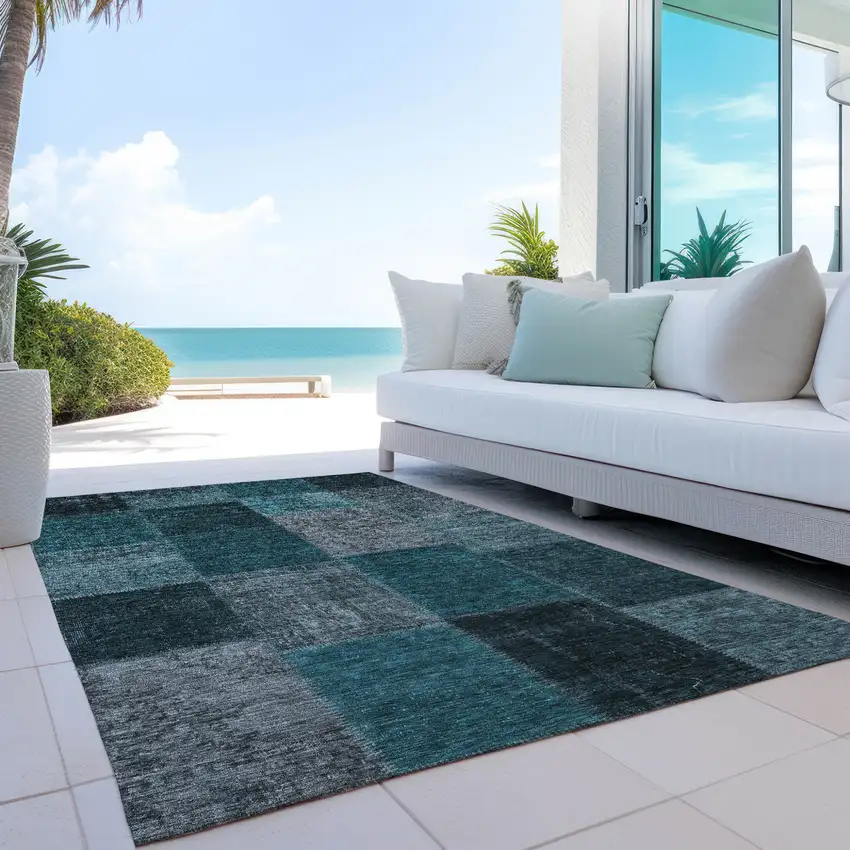 Teal Blue Aqua And Charcoal Patchwork Washable Indoor Outdoor Area Rug Photo 9