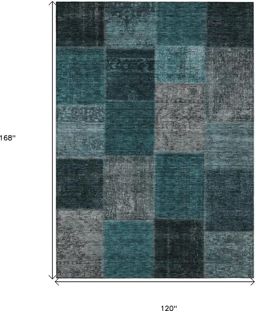 Teal Blue Aqua And Charcoal Patchwork Washable Indoor Outdoor Area Rug Photo 3