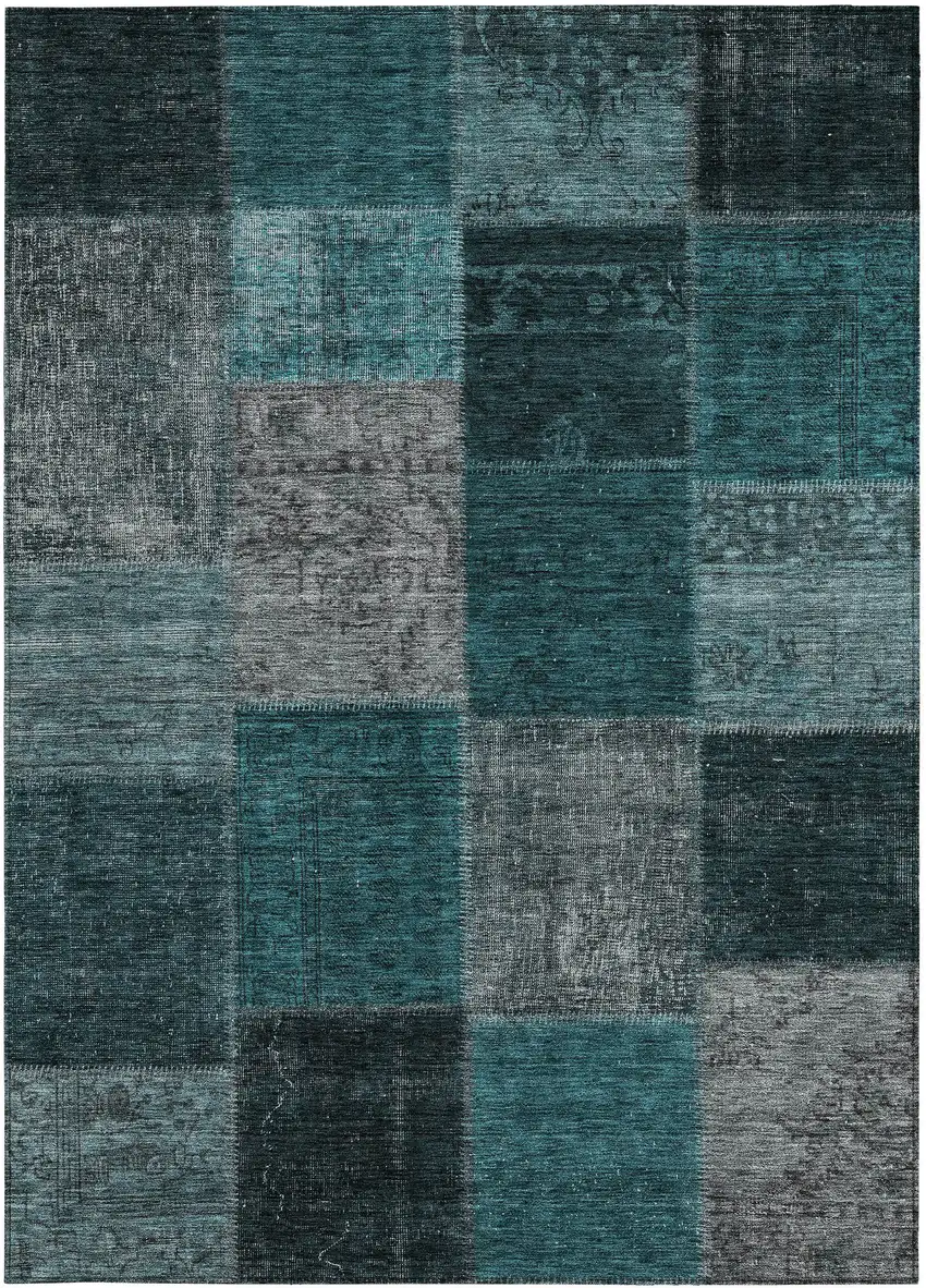 Teal Blue Aqua And Charcoal Patchwork Washable Indoor Outdoor Area Rug Photo 7