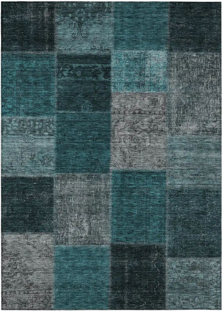 Teal Blue Aqua And Charcoal Patchwork Washable Indoor Outdoor Area Rug Photo 2