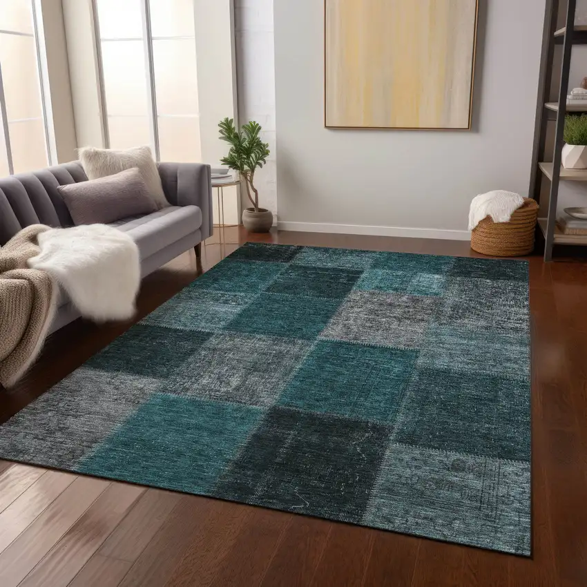 Teal Blue Aqua And Charcoal Patchwork Washable Indoor Outdoor Area Rug Photo 9