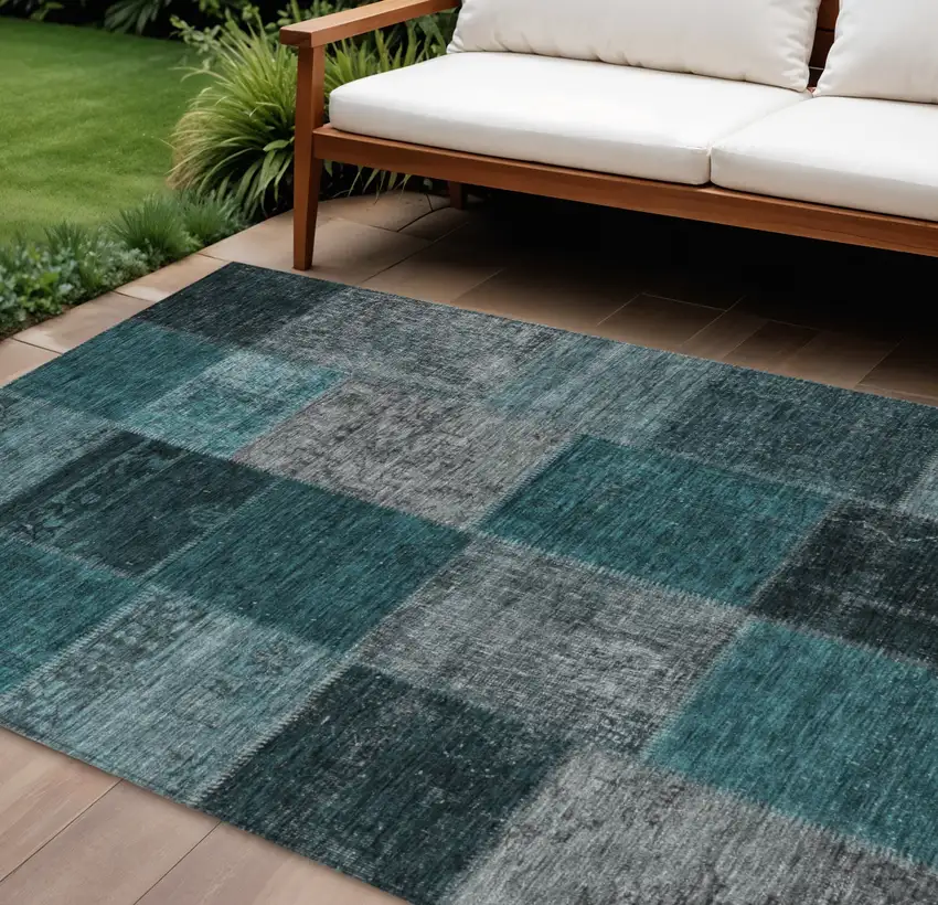 Teal Blue Aqua And Charcoal Patchwork Washable Indoor Outdoor Area Rug Photo 1