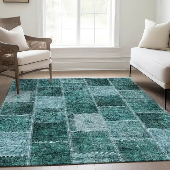 Teal Blue Aqua And Charcoal Patchwork Washable Indoor Outdoor Area Rug Photo 8