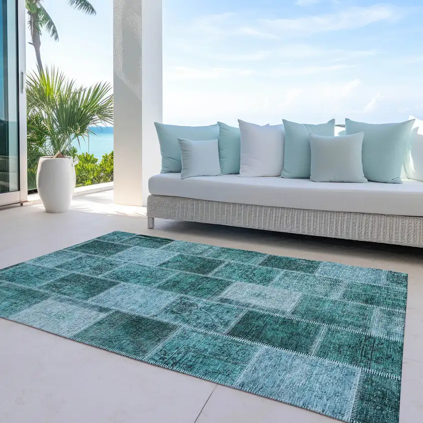 Teal Blue Aqua And Charcoal Patchwork Washable Indoor Outdoor Area Rug Photo 7