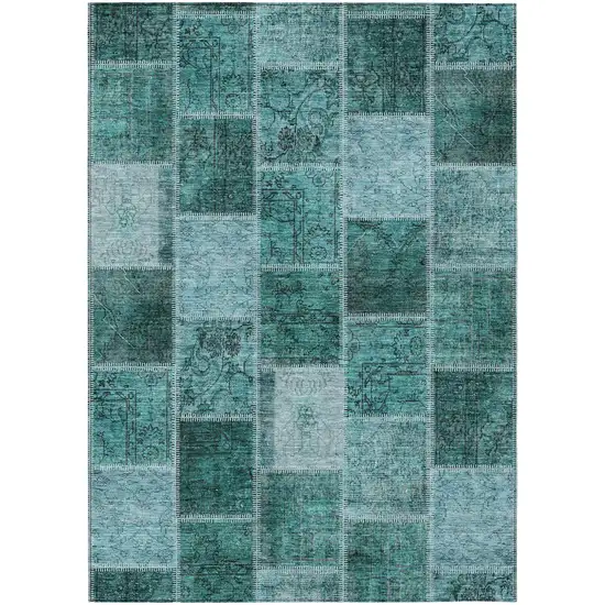 Teal Blue Aqua And Charcoal Patchwork Washable Indoor Outdoor Area Rug Photo 2