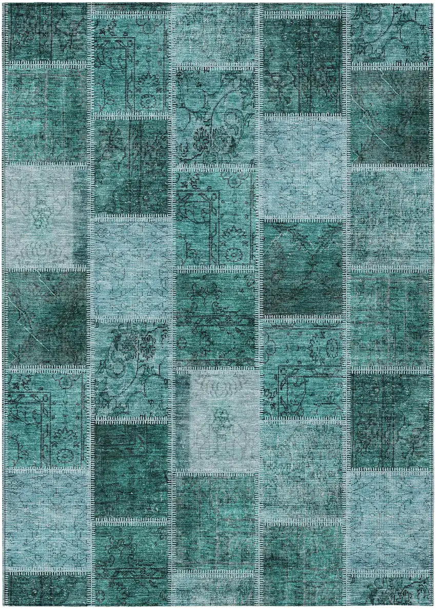 Teal Blue Aqua And Charcoal Patchwork Washable Indoor Outdoor Area Rug Photo 2