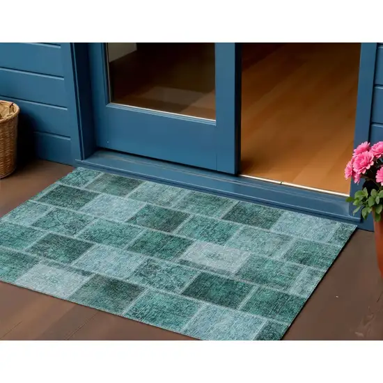 Teal Blue Aqua And Charcoal Patchwork Washable Indoor Outdoor Area Rug Photo 1