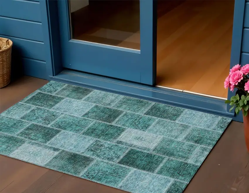 Teal Blue Aqua And Charcoal Patchwork Washable Indoor Outdoor Area Rug Photo 1