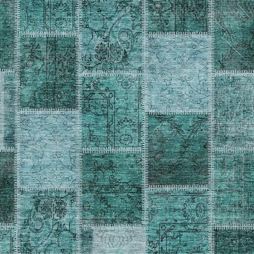 Teal Blue Aqua And Charcoal Patchwork Washable Indoor Outdoor Area Rug Photo 5