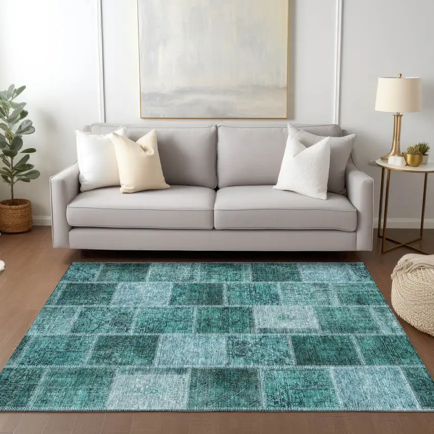 Teal Blue Aqua And Charcoal Patchwork Washable Indoor Outdoor Area Rug Photo 9