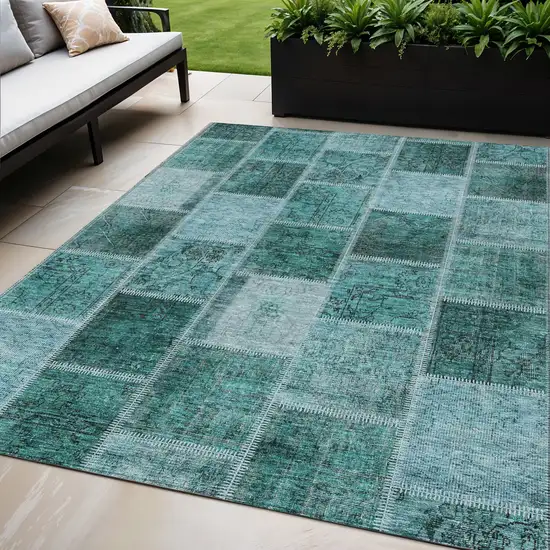 Teal Blue Aqua And Charcoal Patchwork Washable Indoor Outdoor Area Rug Photo 1