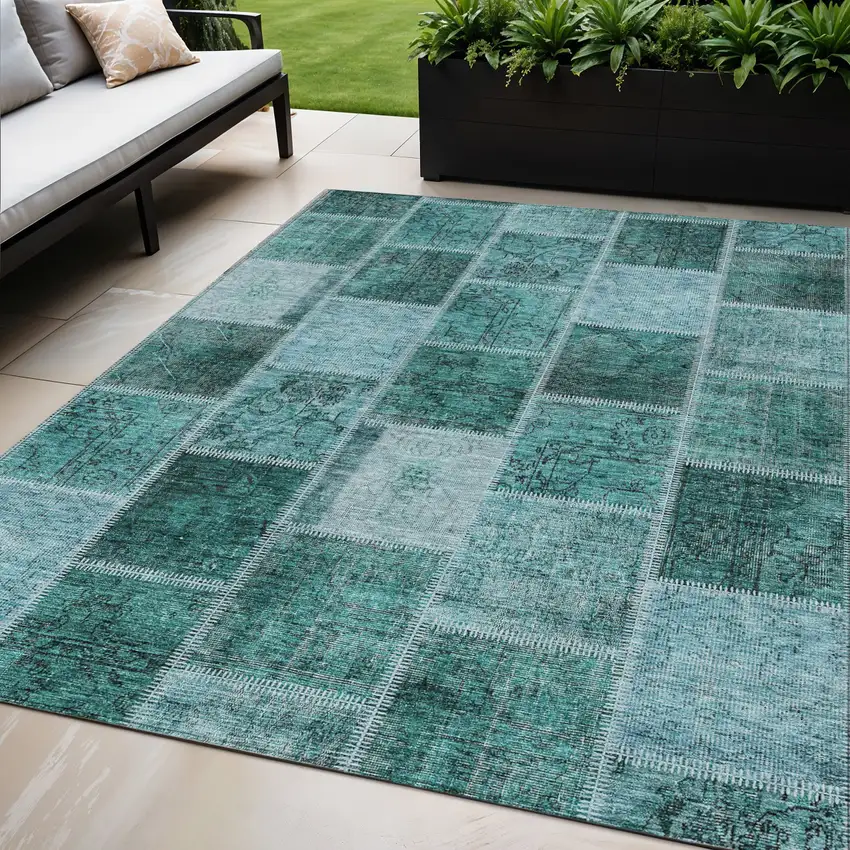 Teal Blue Aqua And Charcoal Patchwork Washable Indoor Outdoor Area Rug Photo 1
