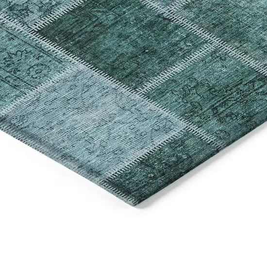 Teal Blue Aqua And Charcoal Patchwork Washable Indoor Outdoor Area Rug Photo 3