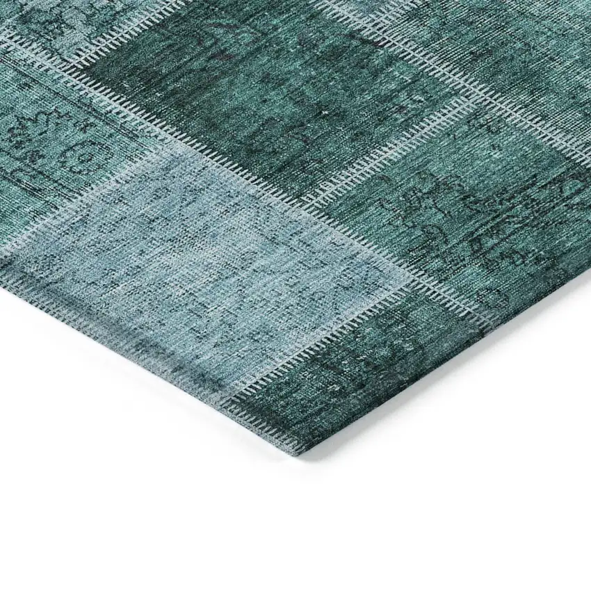 Teal Blue Aqua And Charcoal Patchwork Washable Indoor Outdoor Area Rug Photo 3