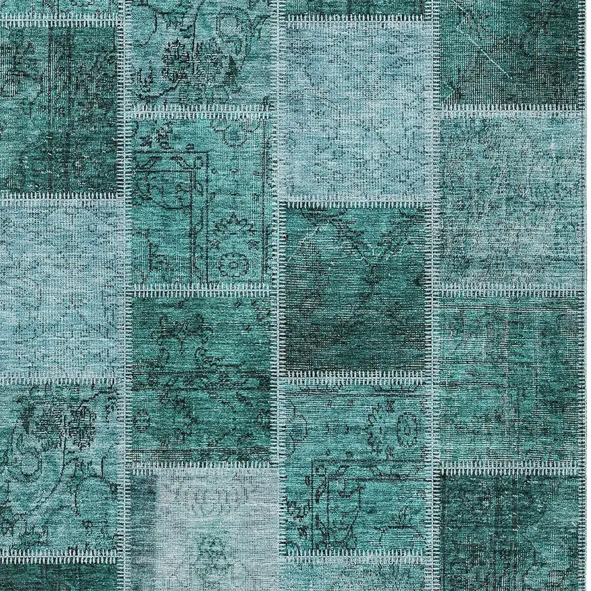 Teal Blue Aqua And Charcoal Patchwork Washable Indoor Outdoor Area Rug Photo 6