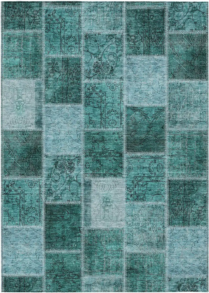 Teal Blue Aqua And Charcoal Patchwork Washable Indoor Outdoor Area Rug Photo 2