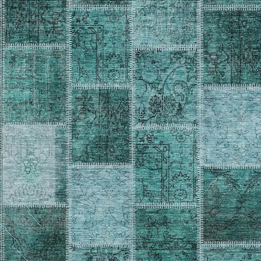 Teal Blue Aqua And Charcoal Patchwork Washable Indoor Outdoor Area Rug Photo 4