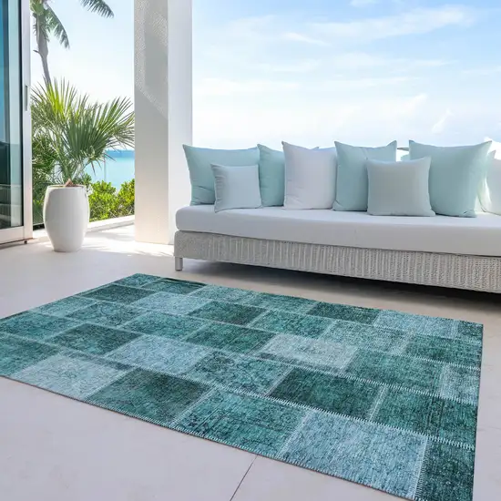 Teal Blue Aqua And Charcoal Patchwork Washable Indoor Outdoor Area Rug Photo 6