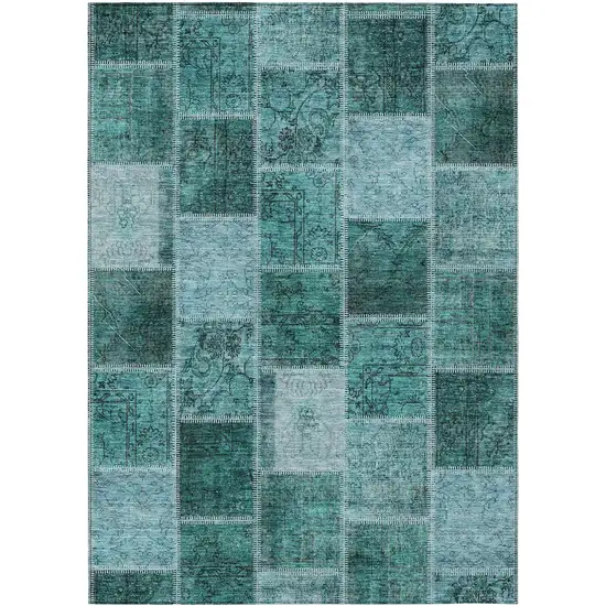 Teal Blue Aqua And Charcoal Patchwork Washable Indoor Outdoor Area Rug Photo 1