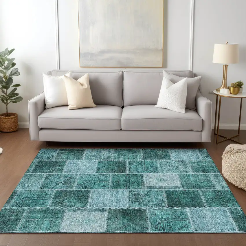 Teal Blue Aqua And Charcoal Patchwork Washable Indoor Outdoor Area Rug Photo 8