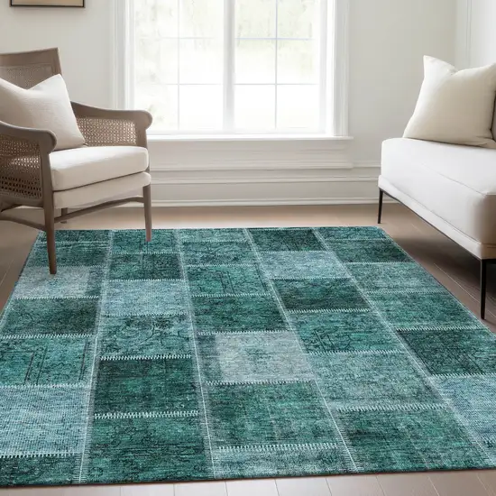 Teal Blue Aqua And Charcoal Patchwork Washable Indoor Outdoor Area Rug Photo 7