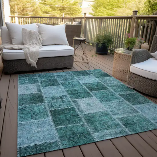 Teal Blue Aqua And Charcoal Patchwork Washable Indoor Outdoor Area Rug Photo 9