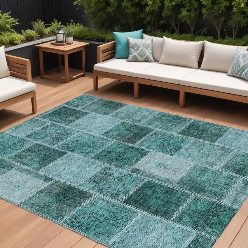Teal Blue Aqua And Charcoal Patchwork Washable Indoor Outdoor Area Rug Photo 1