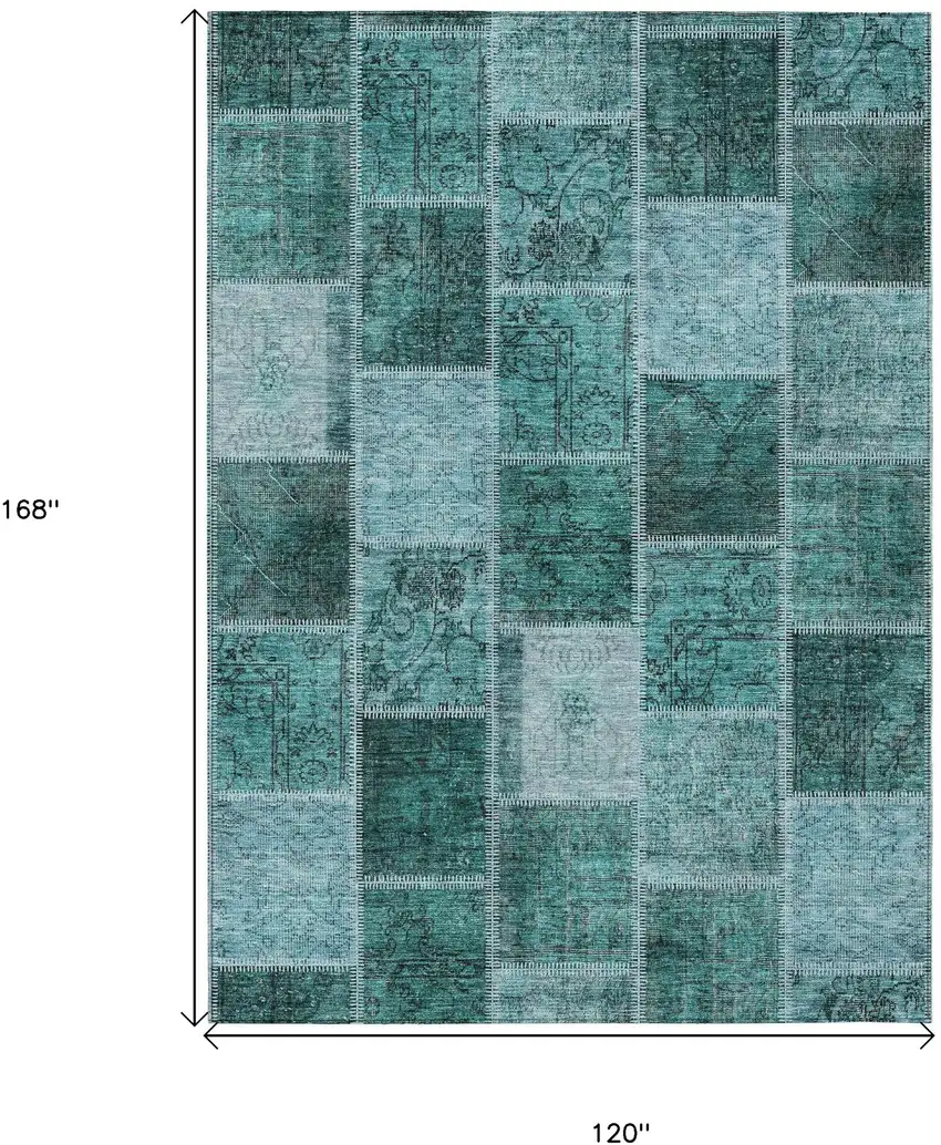 Teal Blue Aqua And Charcoal Patchwork Washable Indoor Outdoor Area Rug Photo 3