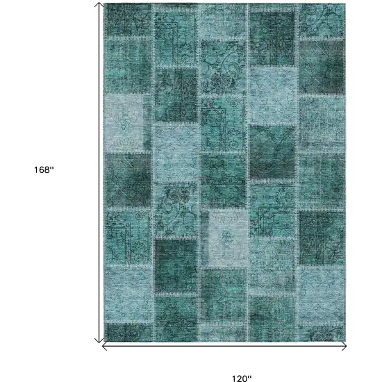 Teal Blue Aqua And Charcoal Patchwork Washable Indoor Outdoor Area Rug Photo 3