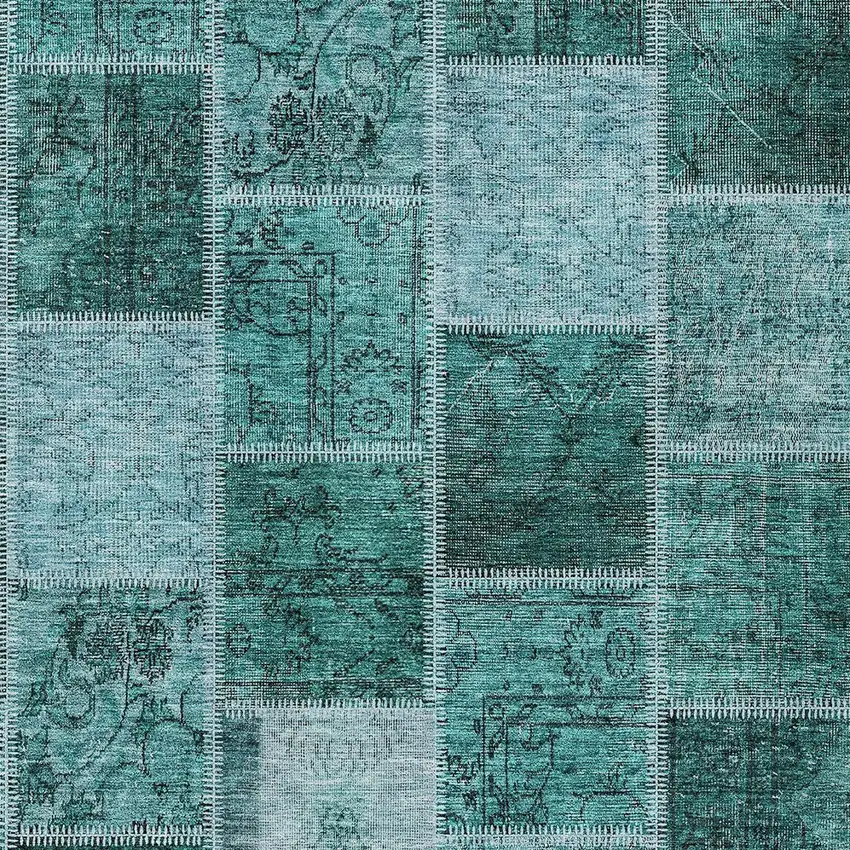 Teal Blue Aqua And Charcoal Patchwork Washable Indoor Outdoor Area Rug Photo 4