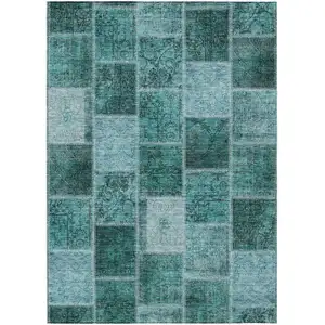 Photo of Teal Blue Aqua And Charcoal Patchwork Washable Indoor Outdoor Area Rug