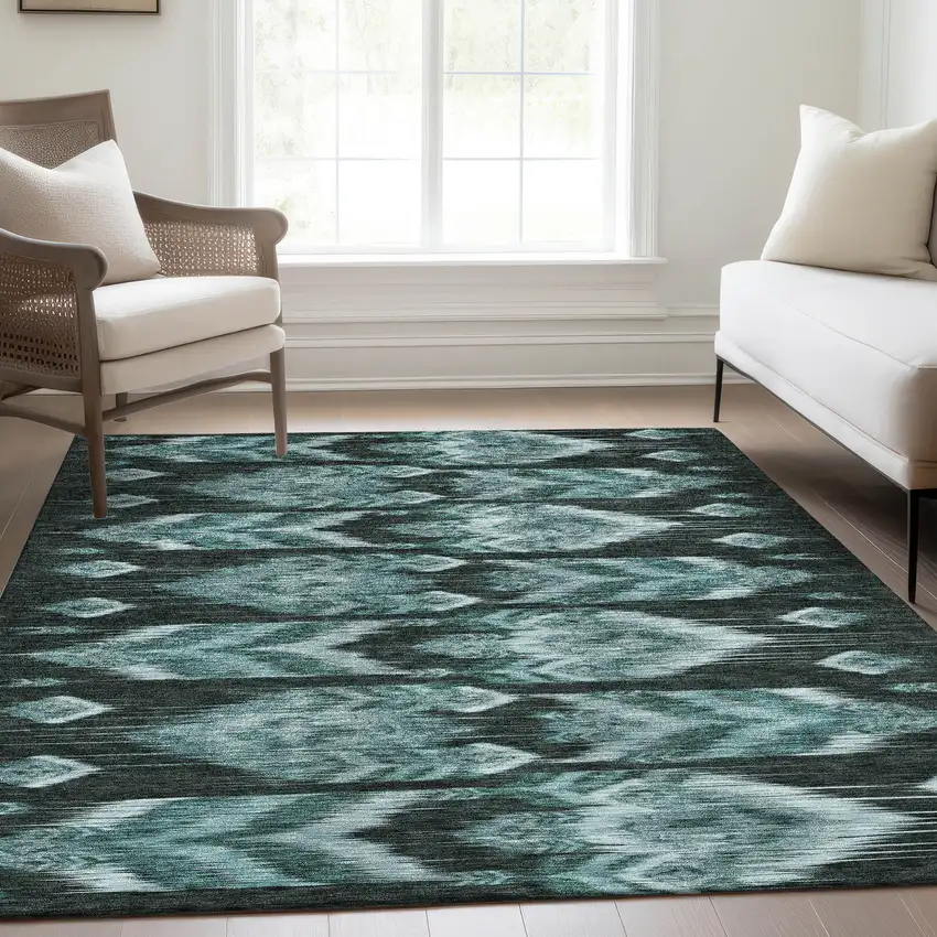 Teal Blue Aqua And Charcoal Southwestern Washable Indoor Outdoor Area Rug Photo 9