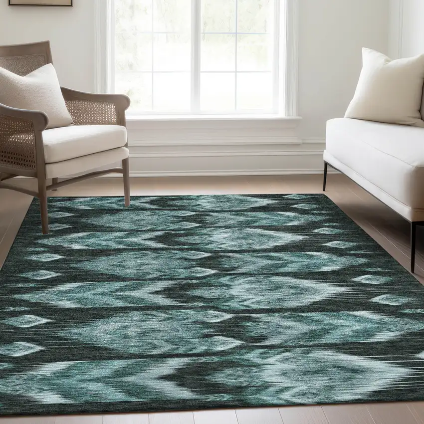 Teal Blue Aqua And Charcoal Southwestern Washable Indoor Outdoor Area Rug Photo 9