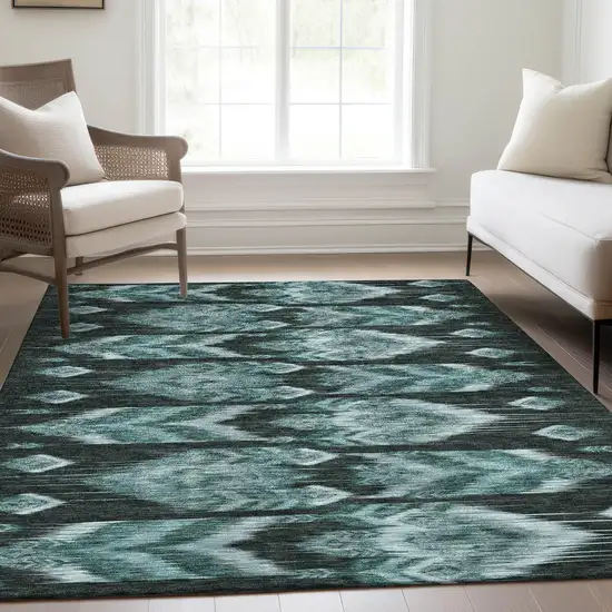 Teal Blue Aqua And Charcoal Southwestern Washable Indoor Outdoor Area Rug Photo 9