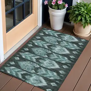 Photo of Teal Blue Aqua And Charcoal Southwestern Washable Indoor Outdoor Area Rug