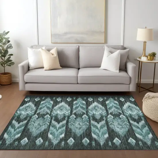 Teal Blue Aqua And Charcoal Southwestern Washable Indoor Outdoor Area Rug Photo 9