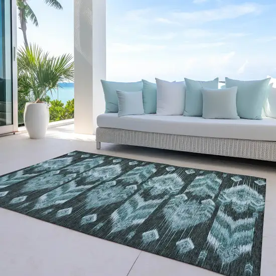 Teal Blue Aqua And Charcoal Southwestern Washable Indoor Outdoor Area Rug Photo 8