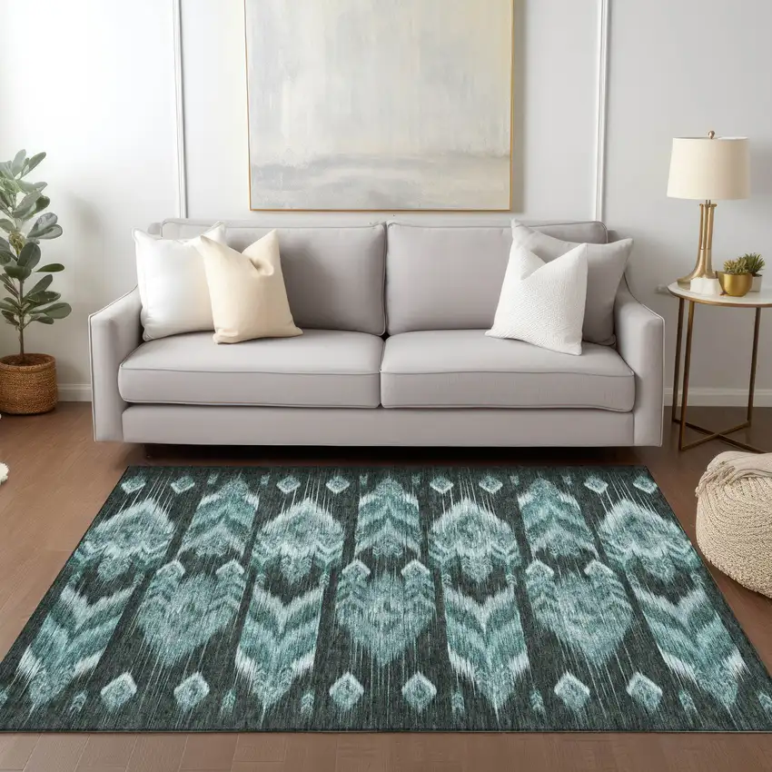 Teal Blue Aqua And Charcoal Southwestern Washable Indoor Outdoor Area Rug Photo 9