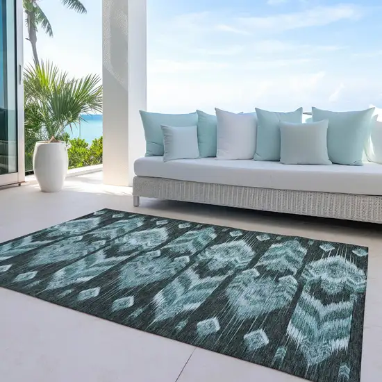Teal Blue Aqua And Charcoal Southwestern Washable Indoor Outdoor Area Rug Photo 8