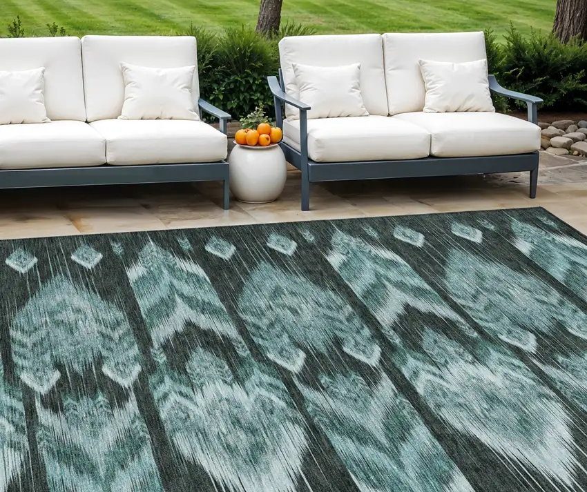 Teal Blue Aqua And Charcoal Southwestern Washable Indoor Outdoor Area Rug Photo 1