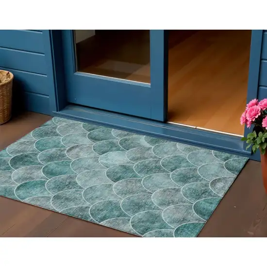 Teal Blue Aqua And Gray Abstract Washable Indoor Outdoor Area Rug Photo 1