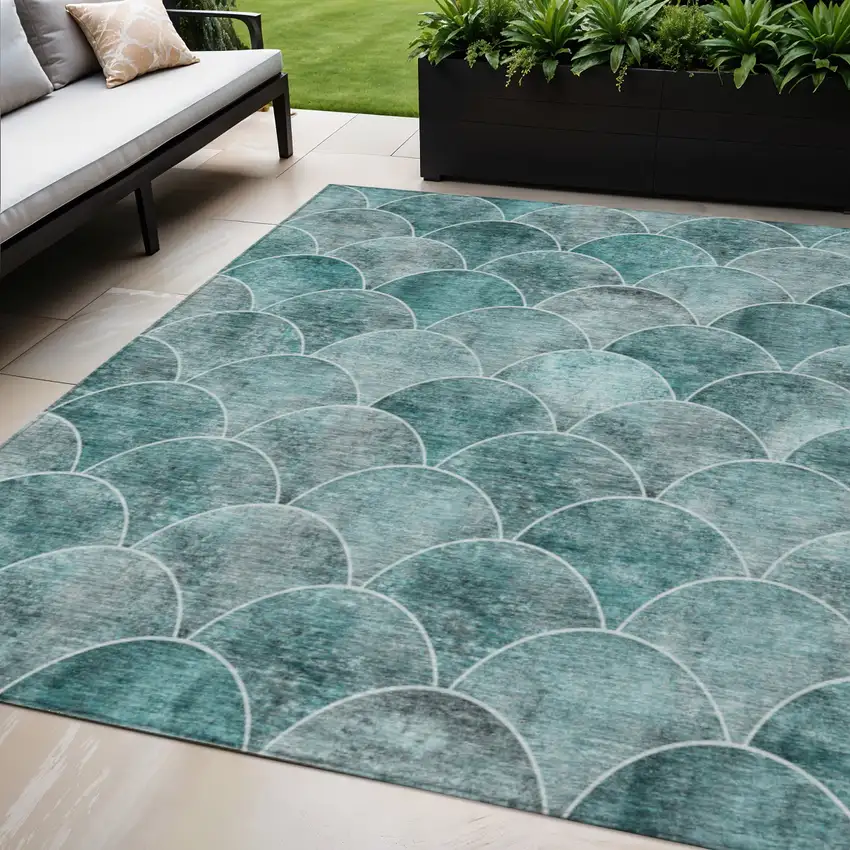 Teal Blue Aqua And Gray Abstract Washable Indoor Outdoor Area Rug Photo 1