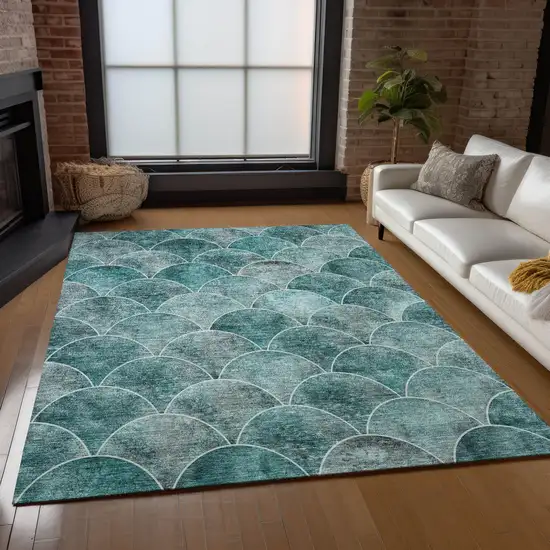 Teal Blue Aqua And Gray Abstract Washable Indoor Outdoor Area Rug Photo 9