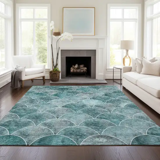 Teal Blue Aqua And Gray Abstract Washable Indoor Outdoor Area Rug Photo 8