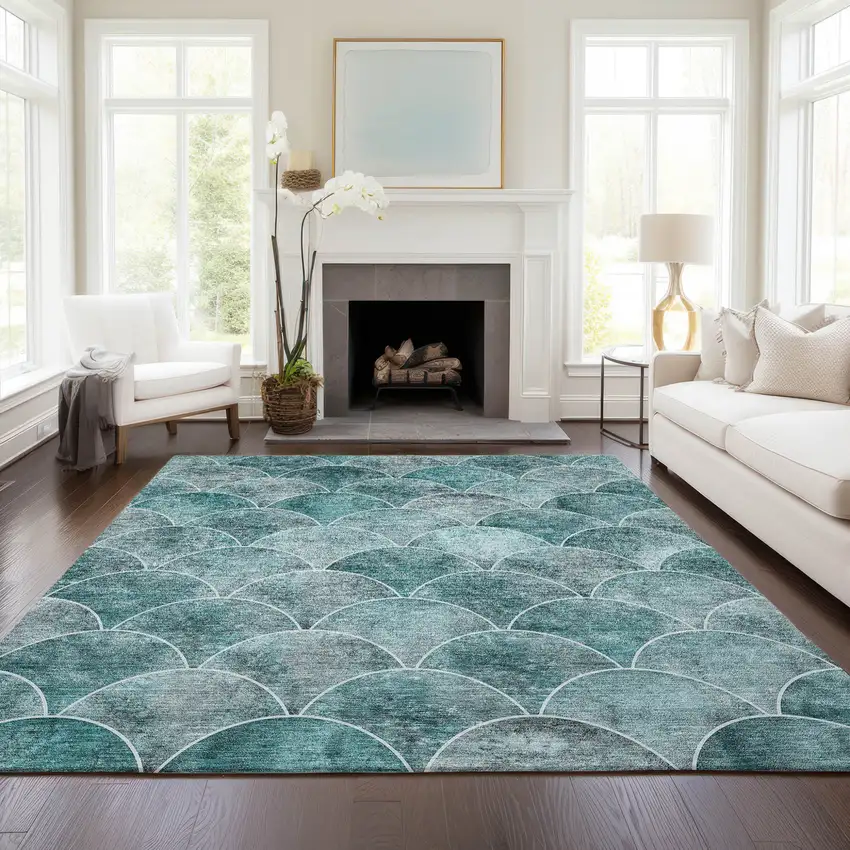 Teal Blue Aqua And Gray Abstract Washable Indoor Outdoor Area Rug Photo 8