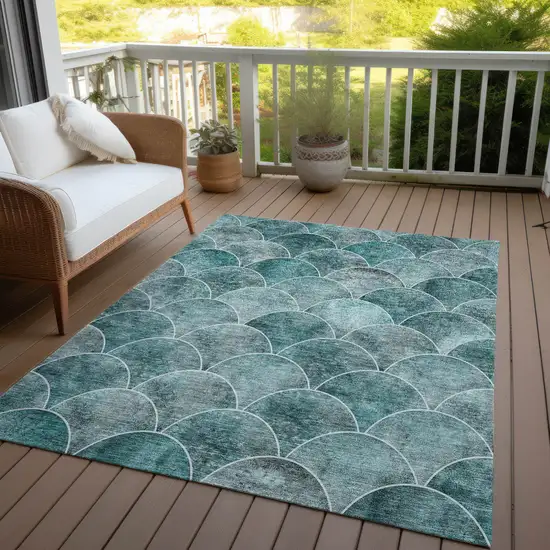 Teal Blue Aqua And Gray Abstract Washable Indoor Outdoor Area Rug Photo 9