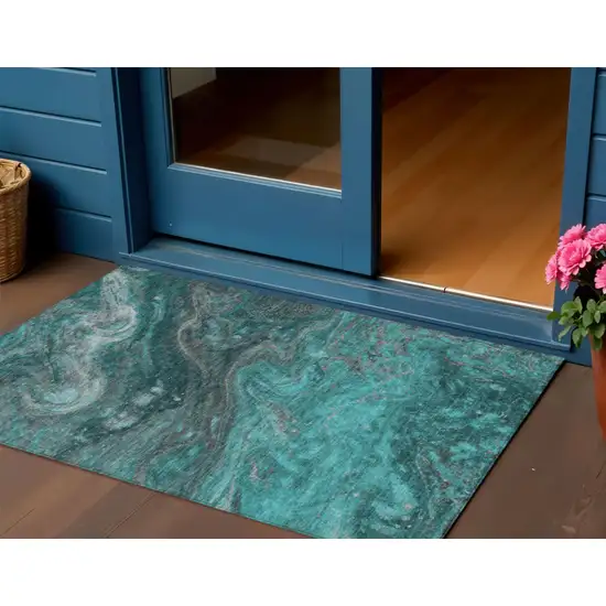 Teal Blue Aqua And Gray Abstract Washable Indoor Outdoor Area Rug Photo 1