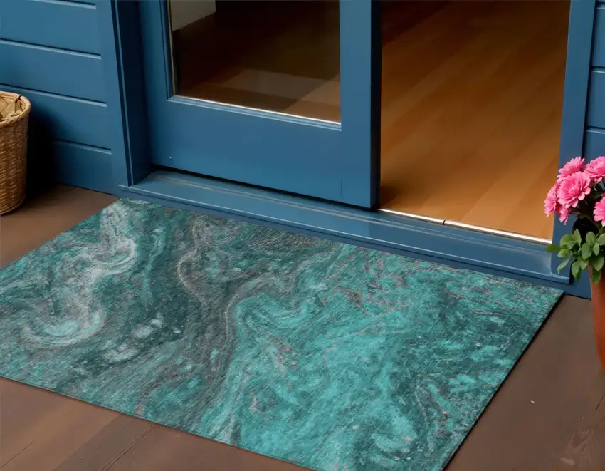 Teal Blue Aqua And Gray Abstract Washable Indoor Outdoor Area Rug Photo 1